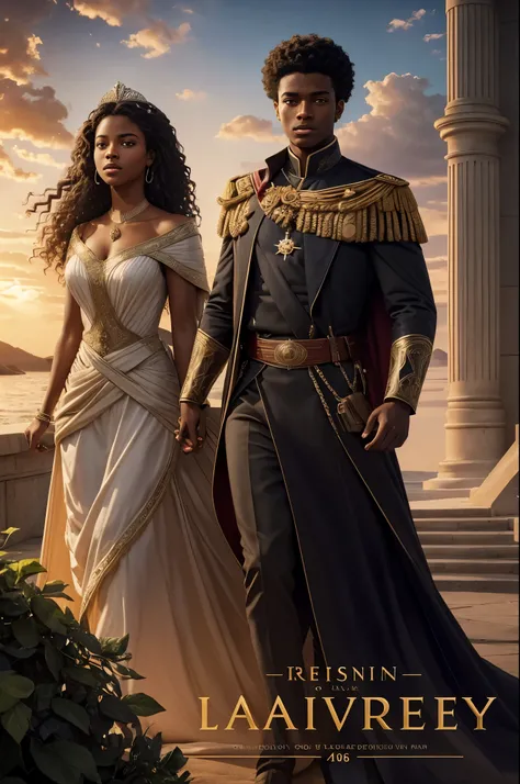  18 years, a darskin young man and a darkskin young woman, very beautiful, curly hair. The book is about royalty, politic, war, celest kingdom, power and angels.coverbook, 8K, realistic.HD, 4K, HD, De vrais visages, Cinematography L&#39;image doit avoir un...