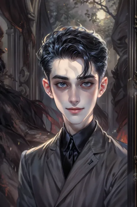 ((Best quality)), ((masterpiece)), (detailed), ((perfect face)), ((halfbody)) handsome face, male, teen boy,  perfect proportions , a male version character from the addams family, short hair, male version, creepy smile, detailed eerie background, detailed...