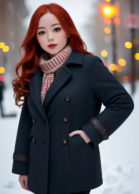 professional portrait full body  photograph of a gorgeous Japanese girl in winter clothing with long wavy hair, ((sultry flirty look)), freckles, beautiful symmetrical face, cute natural makeup, ((standing outside in snowy city street)), stunning modern ur...