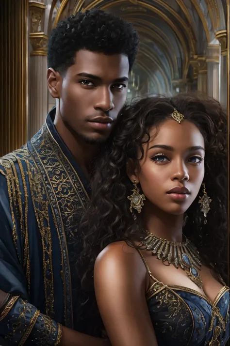 Cover of fantasy darkromance book, a darskin young man and a darkskin young woman, very beautiful, curly hair. The book is about royalty, politic, war, celest kingdom, power and angels.coverbook, 8K, realistic.HD, 4K, HD, De vrais visages, Cinematography L...