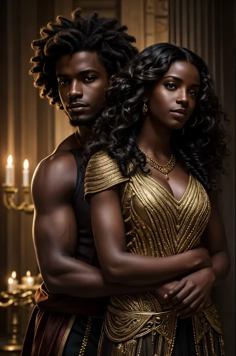 cover of fantasy darkromance book, a darskin young man and a darkskin young woman, very beautiful, curly hair. the book is about...