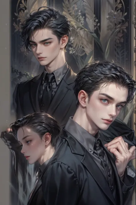 ((Best quality)), ((masterpiece)), (detailed), ((perfect face)), ((halfbody)) handsome face, male, teen boy,  perfect proportions , a male version character from the addams family, short hair, male version, creepy smile, detailed eerie background, detailed...