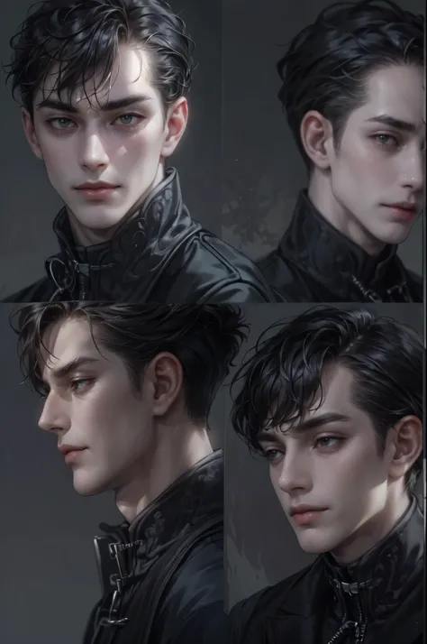 ((Best quality)), ((masterpiece)), (detailed), ((perfect face)), ((halfbody)) handsome face, male, teen boy,  perfect proportions , a male version character from the addams family, short hair, male version, creepy smile, detailed eerie background, detailed...