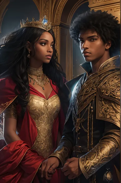 Cover of fantasy darkromance book, a darskin young prince and a darkskin young princess, 17 years, (((very beautiful))), (((prince and princess))), curly hair. The book is about royalty, politic, war, celest kingdom, power and angels.coverbook, 8K, realist...