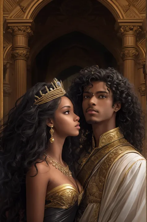 Cover of fantasy darkromance book, a darskin young prince and a darkskin young princess, 17 years, (((very beautiful))), (((prince and princess))), curly hair. The book is about royalty, politic, war, celest kingdom, power and angels.coverbook, 8K, realist...