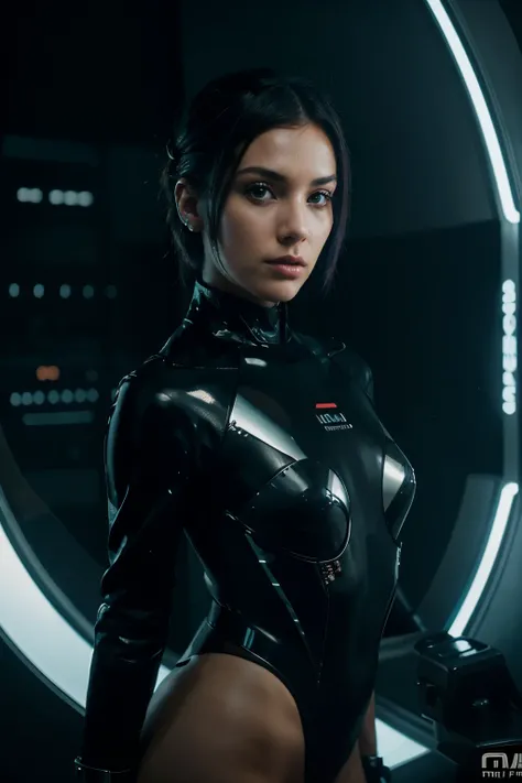 cinematographic frame, cyber style futuristic style space fighter girl, lindo, futuristic, sexy, pulcro, moderno, modernoo, high technology, detallado, technological, cyber improvements, robotics, temas de inteligencia artificial, poca profundidad de campo...