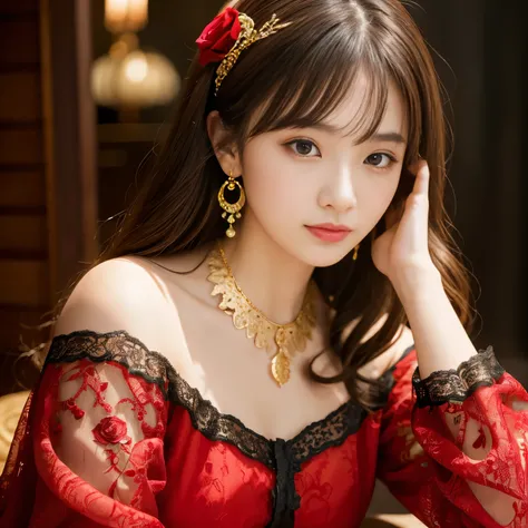 8k, RAW photo, fujifilm, Beautiful 23 year old Japanese woman style photo, Cute egg-shaped face, red rose on neck, wearing a red and black lace dress, gold earrings, Strong features like a spinning pigeon, (highly detailed skin: 1.2), light medium brown ha...