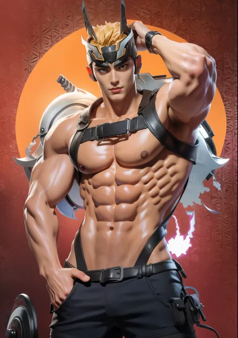 sculpture design，figure，GK model，figure全身，Show muscles，（Exquisite base），Wu Yifan，Handsome cybernetic boy looking at camera in lingerie detailed muscular realistic masterpiece，muscular，