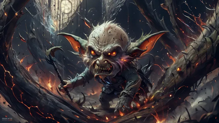 (master piece), 8k, best quality, panoramic view, Goblins, green, black and malicious eyes, evil, huge pointed ears, sharp teeth, bald, thin, 1 meter, 1.20 centimeters tall, dirty torn cloth clothing, no gnome forest