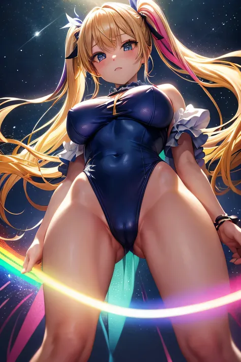 panty shot、rainbow colored leotard、Beautiful Girl Magician、blonde twintails、((whole body))、(((photo taken from below)))、night