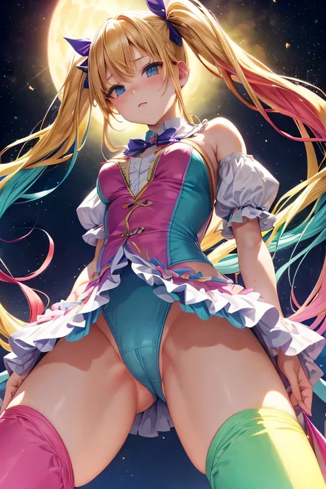 panty shot、rainbow colored leotard、Beautiful Girl Magician、blonde twintails、((whole body))、(((photo taken from below)))、night