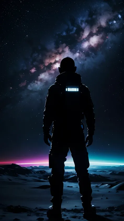 space, galaxy, bright colored nebulae, stars on a black background, a first-person view of standing on a deserted planet