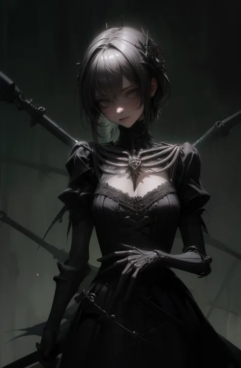 (a girl with) Aura-like gothic lighting, realistic Gothic-style artwork, detailed skeleton impaling itself with a sword in the neck, dark atmospheric background, high-res masterpiece:1.2, ultra-fine painting, professional, vivid colors