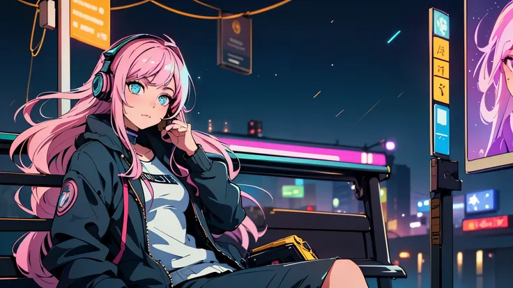 (best quality, detailed, perfect face, beautiful girl listening to music, sitting at a bus stop, cyberpunk appearance, unique hair color, soft lighting, vibrant colors, sparkling ornaments, night, peaceful atmosphere, cozy background, expressive eyes, flow...