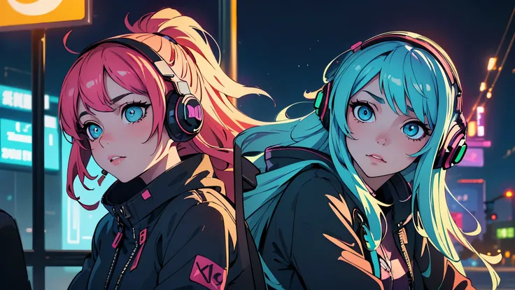 (best quality, detailed, perfect face, beautiful girl listening to music, sitting at a bus stop, cyberpunk appearance, unique hair color, soft lighting, vibrant colors, sparkling ornaments, night, peaceful atmosphere, cozy background, expressive eyes, flow...