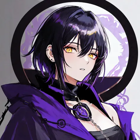 anime character dressed in black with chain around his neck, turtle neck, shadow mage female, female fantasy alchemist, single character bust up, rpg portrait, noble female, anime illustration, dark witch character, rpg, black hair purple gradien, yellow e...