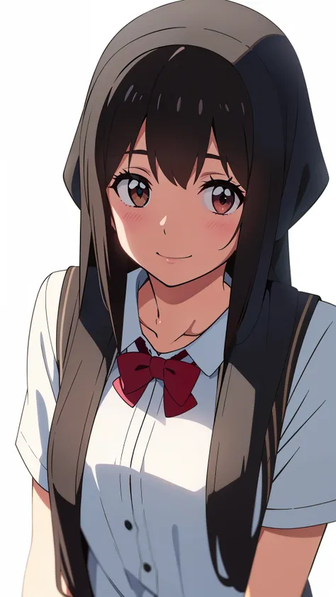 shinkai makoto, kimi no na wa., 1girl, bangs, black hair, blush, round eyes, bright eyes, brown eyes, red bow, wearing hijab, smile, cute, beautiful, shiny skin, looking at the viewer, solo, cute girl, muslimah, muslim uniform, collarbone, white shirt, sch...