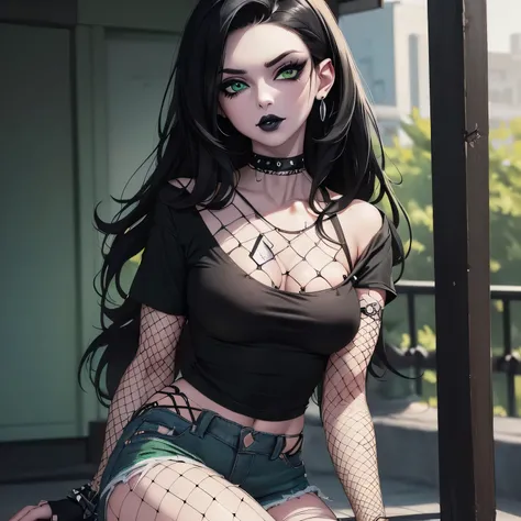 ((Masterpiece)) ((Portrait)) ((Beautiful)) ((Punk Style)) ((Small Breasts)) ((Thick Thighs)) ((Black Hair)) ((Long Hair)) ((Green Eyes)) ((Pale Skin)) ((Black tee shirt over fishnet shirt)) ((Ripped jeans)) ((Choker)) ((Black Lipstick)) ((Full lips)) ((But...