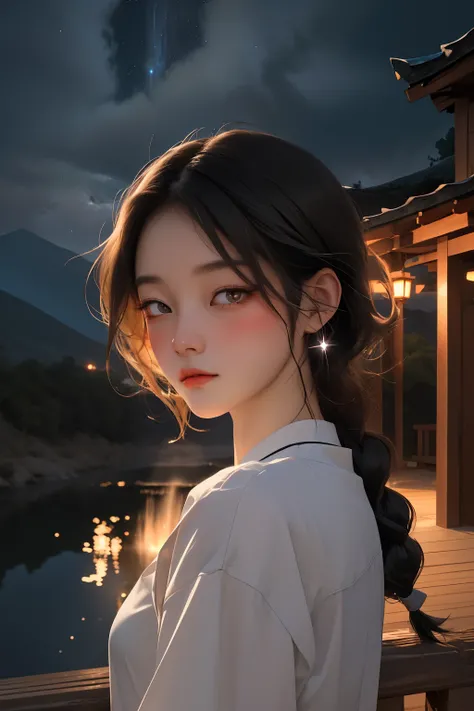 shenhedef, upper body, serious expression, blush, outdoors, night, liyue house background, night starry sky, short hair, sky, beautiful nature surrounding by waterfall, looking at viewer, mountain, moody lighting, (perfect detail eyes:1.2), glowing eyes, l...