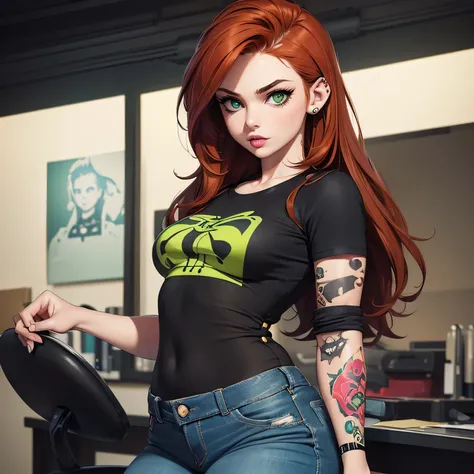 ((Masterpiece)) ((Portrait)) ((Young Woman)) ((Beautiful)) ((Punk Style)) ((Small Breasts)) ((Thick Thighs)) ((Auburn Hair)) ((Pale Skin)) ((Button Nose)) ((Green Eyes)) ((Full Lips)) ((black tee shirt)) ((Tight Jeans)) ((Geeky Style)) ((Sleeve Tattoo))