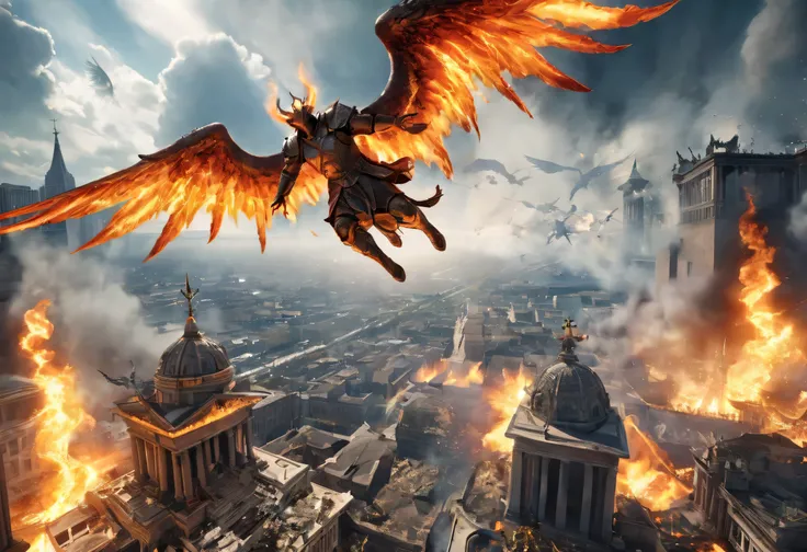 (8k RAW photo,best quality, masterpiece:1.2), (realistic, photo-realistic:1.37), The Final Showdown between angels and demons, the final battle of flying over the city with flames, the battle between good and evil, the battle between angels and demons, des...