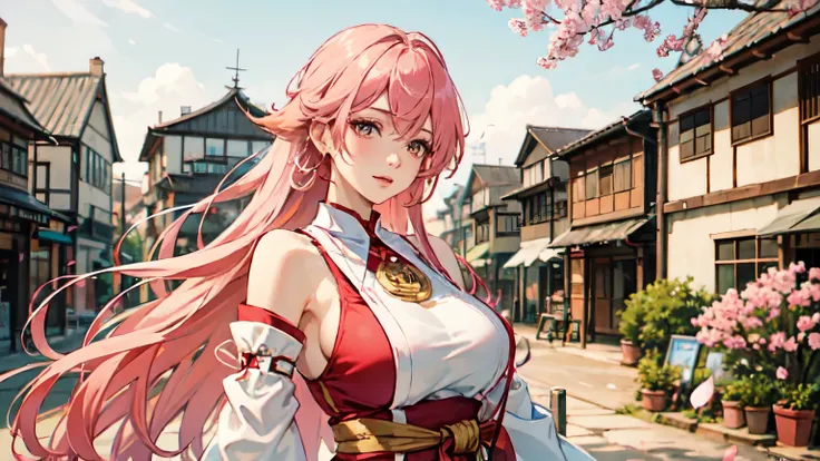 best quality, masterpiece,highly detailed,semi-realistic,1woman,mature female,upper body,yae miko,(ulzzang-6500-v1.1:0.5),giant big breasts,beautiful face,long hair,pink hair,sakura petals in sky,ancient town in background,depth of field,looking at viewer,