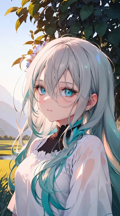 art by cornflower, dready (a  girl with beautiful detailed eyes, grey hair, aqua eyes). cute girl. the depth of field in the pho...