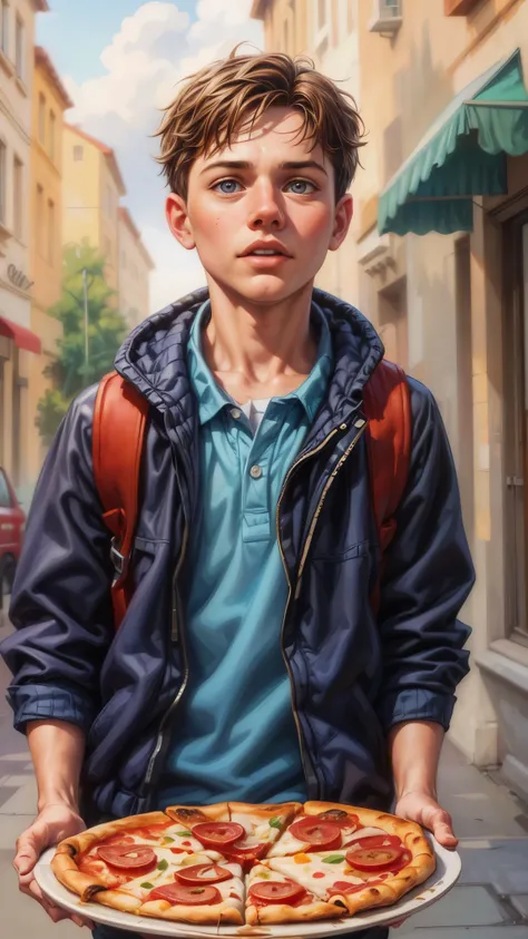 painting of a boy holding a pizza on a plate in a street, concept art of single boy, full body realistic portrait, photorealistic digital painting, photo realistic portrait, painted character portrait, photorealistic portrait, detailed portrait shot, inspi...