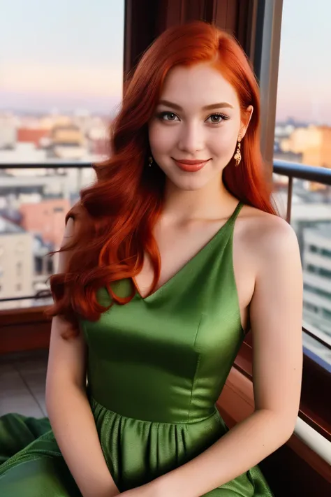 (a closeup of a, Editorial photo of a 21-year-old red-haired woman), (Highly detailed face:1.4)(Evening complex high hairstyle)(Evening green dress) (Smile:0.7) (The background inside is a luxury, balcony of an elite restaurant, the night, urban landscape,...