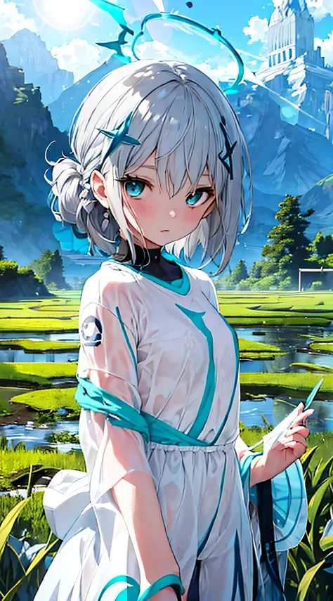 art by cornflower, dready (a  girl with beautiful detailed eyes, grey hair, aqua eyes). cute girl. the depth of field in the pho...