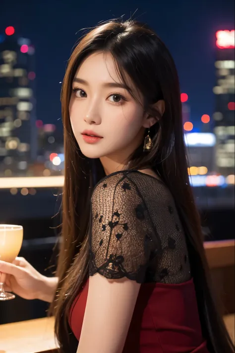 ((muste piece)), ((best quality)), (Super detailed), model-like face、Brown long hair、Korean beauty、Photographic、Branded Dresses、Beautiful woman、Night view with skyscrapers、Hostess