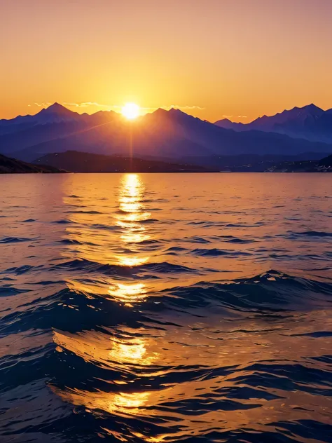 in the sea，Golden sunset at dusk，There is a row of mountains in the distance that don’t look high..，There is a golden sunset on the mountain，The sea is blue，There are water lines，（Realistic style，8k，Surreal）