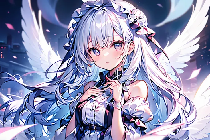Anime girl with white hair and angel wings wearing white clothes, Digital art on pixiv, White-haired God, Pale young ghost girl, zero art, Ethereal animation, pixiv, pixiv style, Demon anime girl, A beautiful angel girl, white wings, gothic shoujo anime gi...