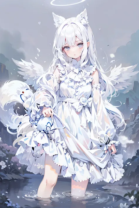 anime girl with white hair and angel wings wearing white clothes, digital art on pixiv, white-haired god, pale young ghost girl,...