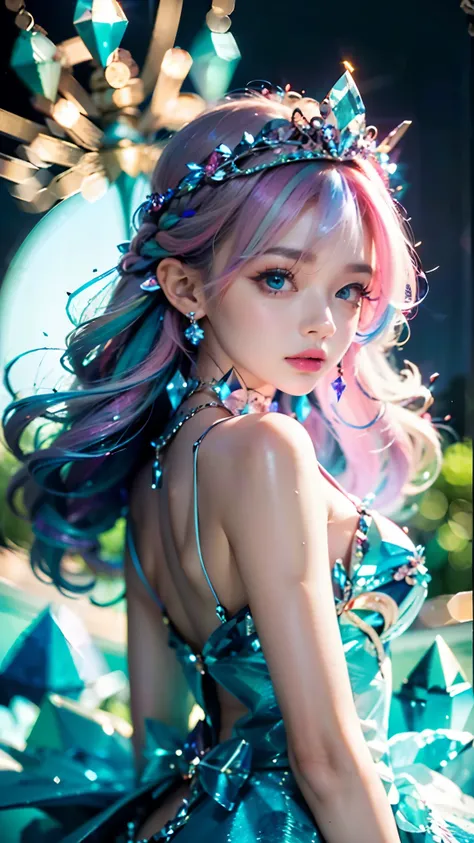 best quality，masterpiece，16k，1girl, bangs, bare shoulders, breasts, crown, crystal, dress, from side, gem,colorful crystals,crys...