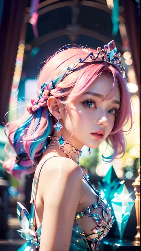 best quality，masterpiece，16k，1girl, bangs, bare shoulders, breasts, crown, crystal, dress, from side, gem,colorful crystals,crys...