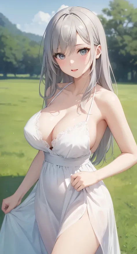 big breasts:1.2、、highest quality、very detailed、Very realistic eye masterpiece、highest quality、very detailed、gray hair、perfect face、long hair、white dress、sundress、lily、two girls、anime、kiss、countryside