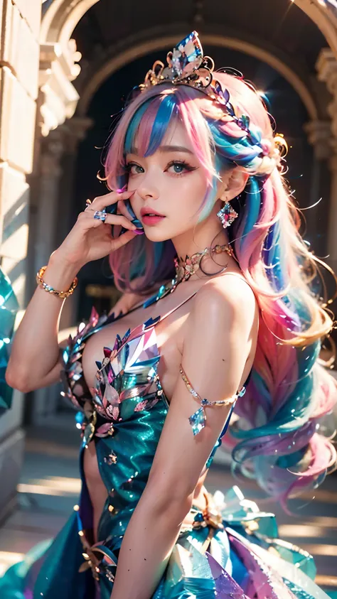 best quality，masterpiece，16k，1girl, bangs, bare shoulders, breasts, crown, crystal, dress, from side, gem,Colorful crystals,Crystal Headwear,There are many crystals on the clothes,Colorful gradient hair,Colorful Dress,Floating Colorful Crystal,Crystal on t...