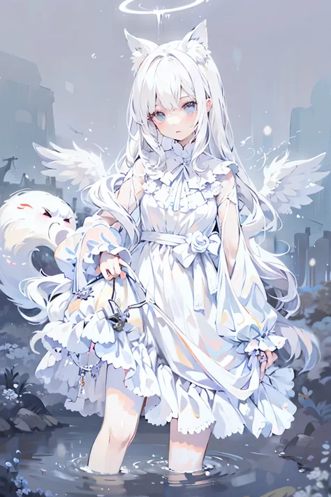 anime girl with white hair and angel wings wearing white clothes, digital art on pixiv, white-haired god, pale young ghost girl,...