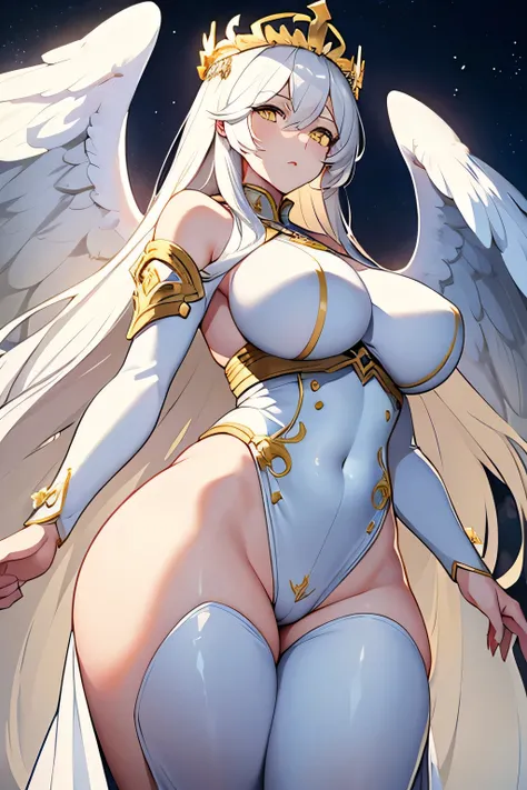 Heavenly Emperor, king of light, beautiful woman, Good shape, White Angel Dress, white skin, yellow eyes, long white hair, big breasts, Big butt. 