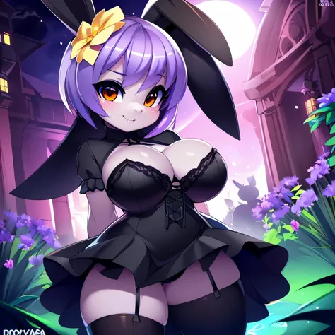 (8k, highest quality, ultra-high detail), (4k, masterpiece), volumetric lighting, ambient lighting, bloom, haunted garden, being watched, ((cute, short stack, shortstack, young, gothic bunny girl)), (lavender skin, tiny waist, large breasts), frilly black ...