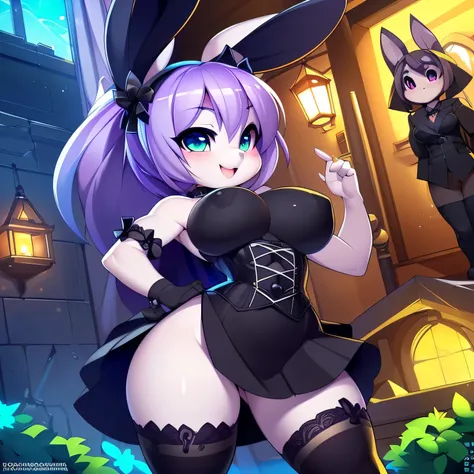 (8k, highest quality, ultra-high detail), (4k, masterpiece), volumetric lighting, ambient lighting, bloom, haunted garden, being watched, ((cute, short stack, shortstack, young, gothic bunny girl)), (lavender skin, tiny waist, large breasts), frilly black ...