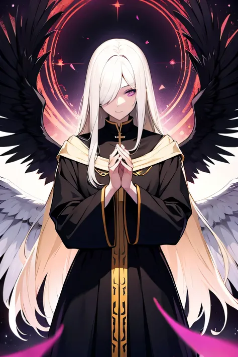 beautiful man, long yellow hair, white skin, dark purple eyes, Beautiful picture, catholic priest&#39;your clothes, black cloth covering eyes, Six black wings. 