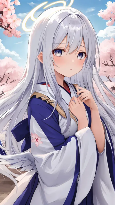 (masterpiece), best quality, expressive eyes, perfect face, details, solo, angel girl, angel wings, wings, tenshi, long hair, bluish white hair, bluish white eyes, halo, cute kimono, cherry blossom, cloudy