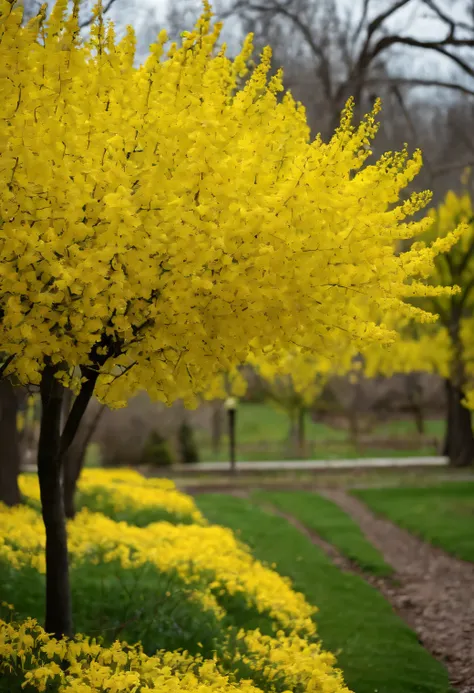 forsythia flower, yellow flowers, spring, park