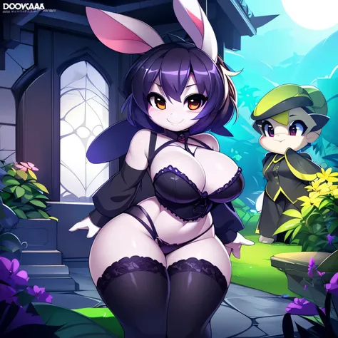 (8k, highest quality, ultra-high detail), (4k, masterpiece), volumetric lighting, ambient lighting, bloom, haunted garden, being watched, ((cute, short stack, shortstack, young, gothic bunny girl)), (lavender skin, tiny waist, large breasts), frilly black ...