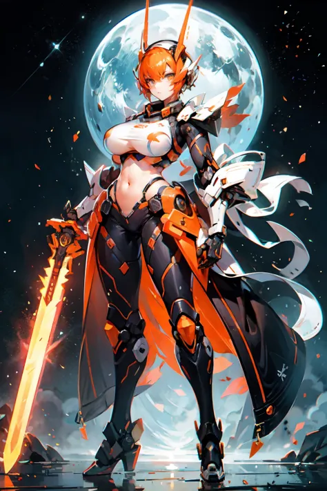 mecha_musume, 1girl, short_hair, science_fiction, weapon, sword, holding_sword, orange_eyes, solo, headgear, holding_weapon, mecha, standing_in_space, huge_ass, big_breast, showing_face, showing_stomach.