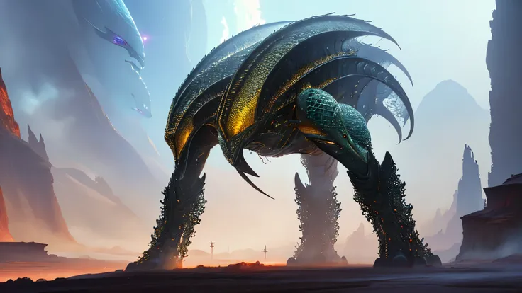 best quality,3D rendering,extraterrestrial creature,strong details,unusual patterns,unique coloration,shimmering skin texture,intricate scales,alien landscape,futuristic environment,otherworldly atmosphere,dynamic lighting,ethereal glow,alien technology,vi...