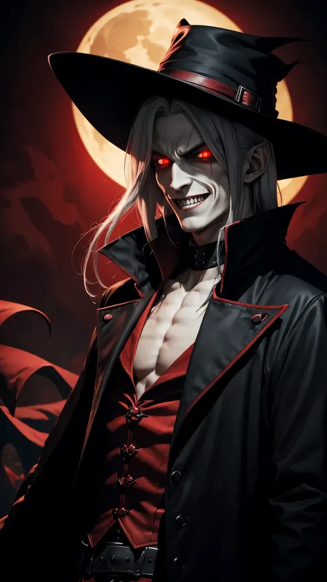 Male character Alucard the Nosferatu from the Hellsing anime series showing open macabre smile and demonic red pupils with his characteristic costume complete with his characteristic red hat, detailed generation