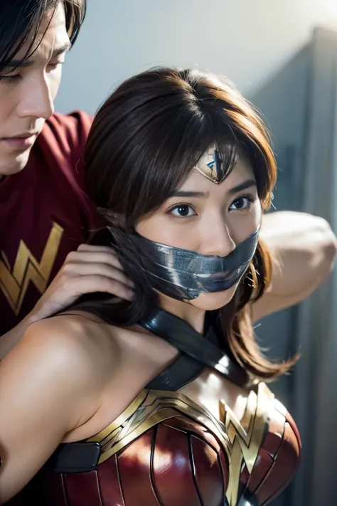 perfect wonder woman costume,sleeping face,close ~ eyes,face of suffering,sky face,sleeping face, being embraced by a man,embrac...